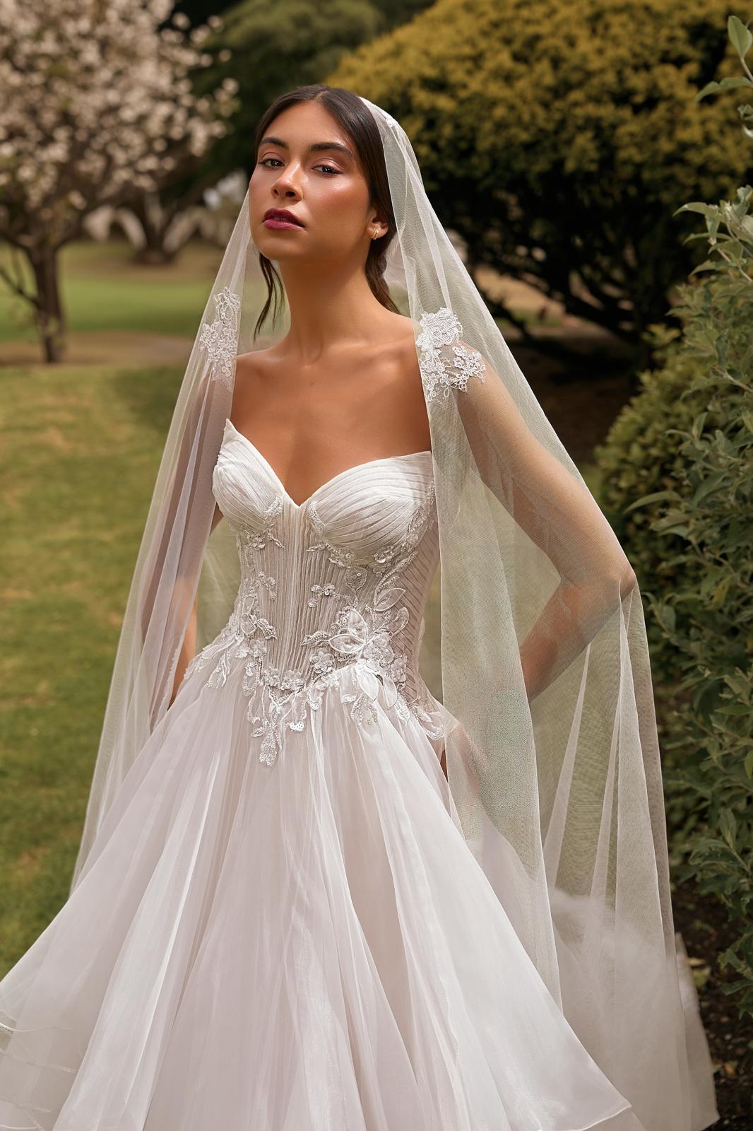 Bride wearing a detailed corset wedding dress and veil